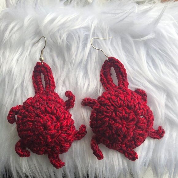 Handmade Jewelry - Brand New Handmade Crochet Earring Red Turtle Pattern 100% Cotton For Women